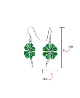 Green Enamel Shamrock Lucky Four Leaf Clover Irish Celtic Dangling Earrings .925 Sterling Silver Fish Wire