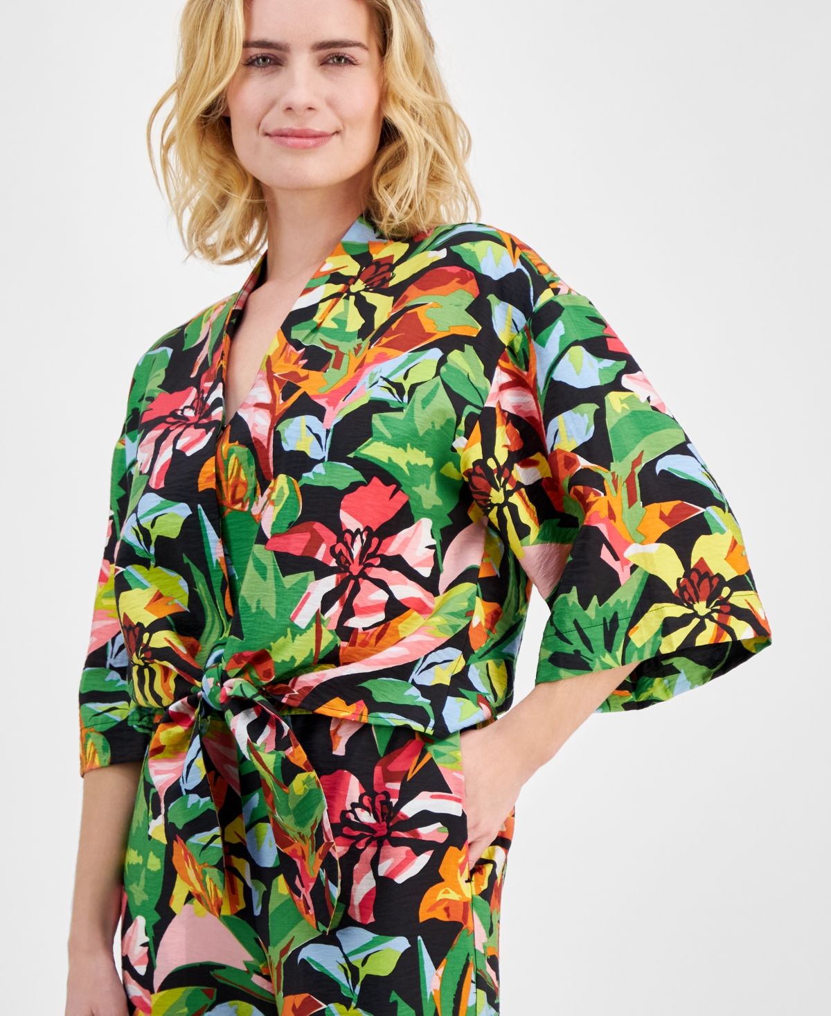 Inc International Concepts Petite Floral-print Tie-hem Top, Created For Macy's In Kylie Garden
