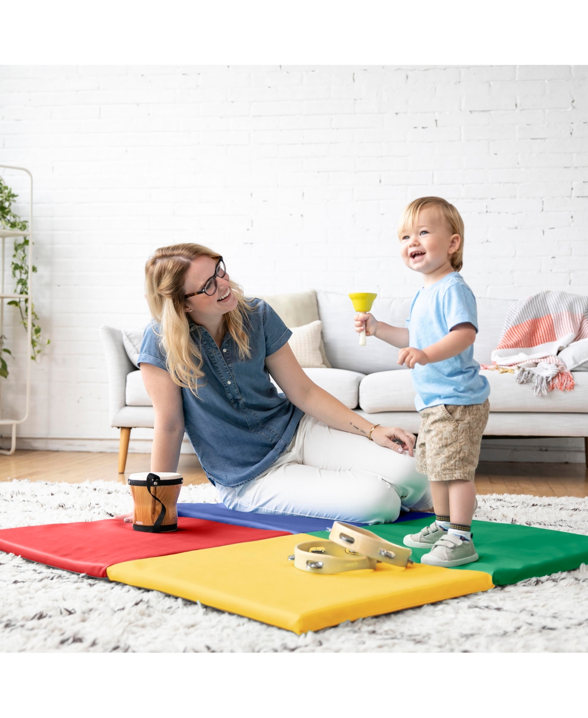 ECR4Kids SoftZone Quad Fold-n-Go Activity Mat and Patchwork Toddler Blocks, 13-Piece - Assorted