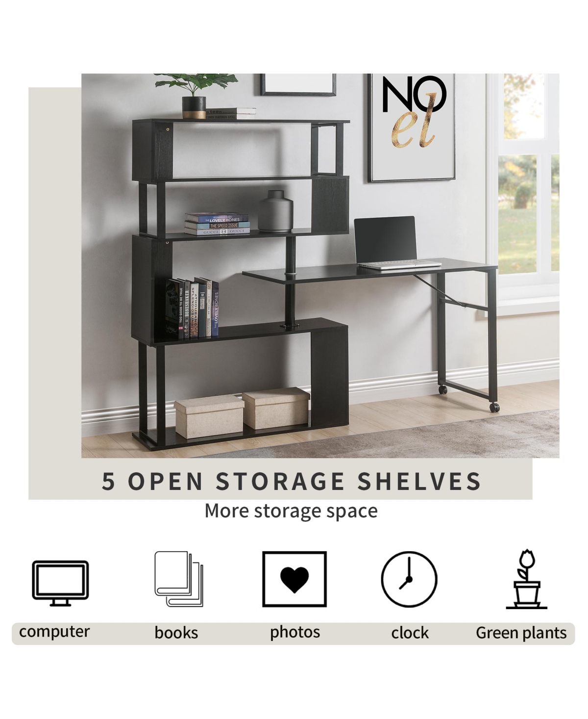 Slickblue Home Office Computer Desk L-Shaped Corner Table, Rotating Computer Table with 5-Tier Bookshelf, Four Installation Methods, Lockable Casters