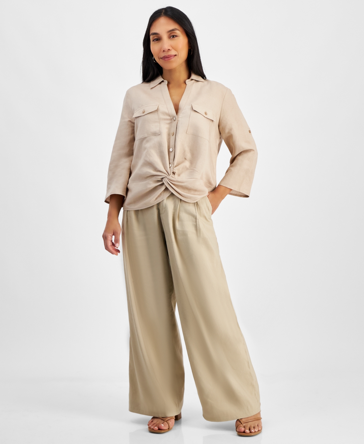 Petite Linen-Blend Twist-Hem Shirt, Created for Macy's - Toasted Twine