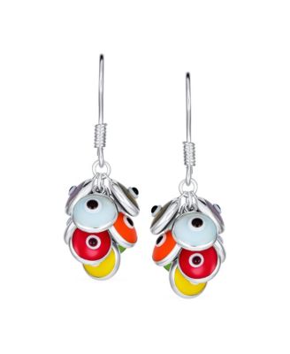 Spiritual Protection Round Multiple Cluster Evil Eye Charms Dangle Earrings Sterling Silver Fish Hook