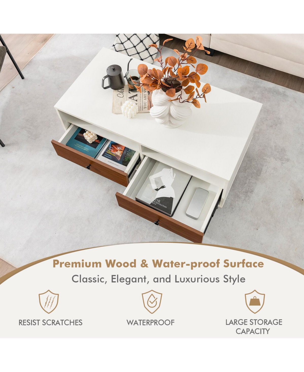 Gymax Coffee Table Modern Rectangle w/ Storage Shelf & Drawers Living Room Furniture - White+brown