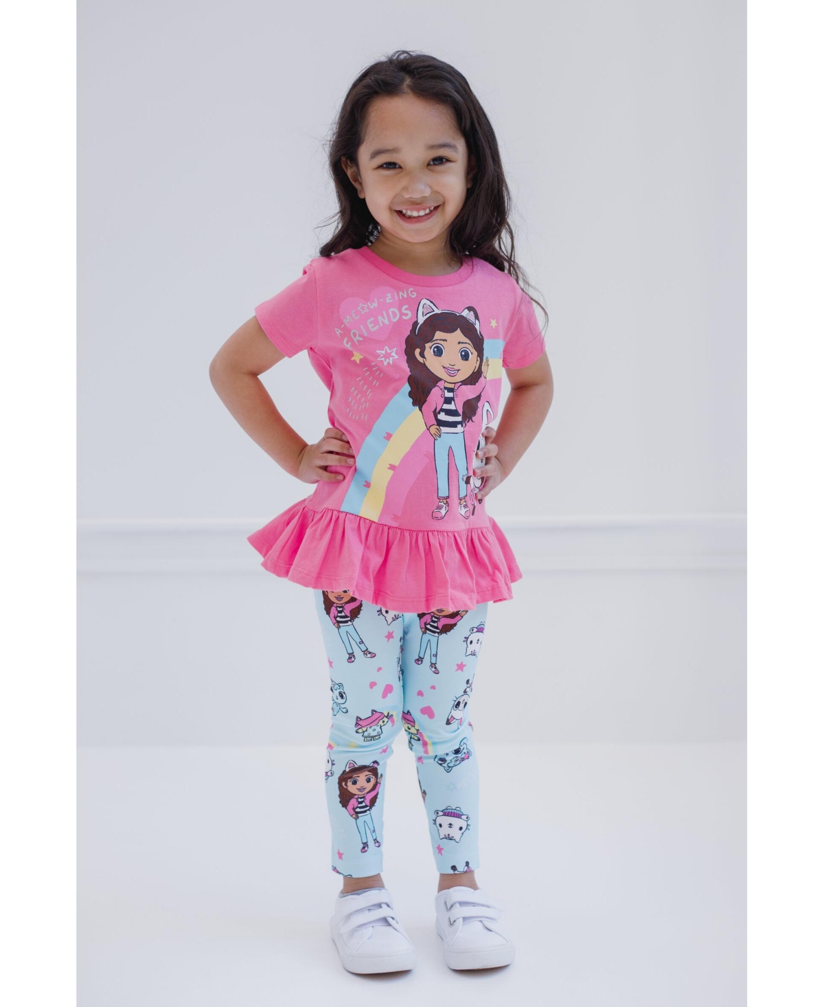 Dreamworks Gabby's Dollhouse Pandy Paws Baby Box Cakey Cat Girls Peplum T-Shirt and Leggings Outfit Set Toddler to Big Kid -/ blue