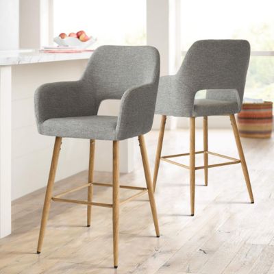  Set of 2  Linen Armrest Counter Height Stools - Back for Kitchen Island