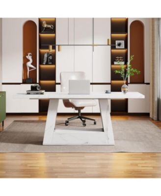 Modern Computer Desk, 63-Inch Large Office Desk, Simple Style Executive Desk Study Table with Sturdy Base, Wooden Faux Marble Writing Desk