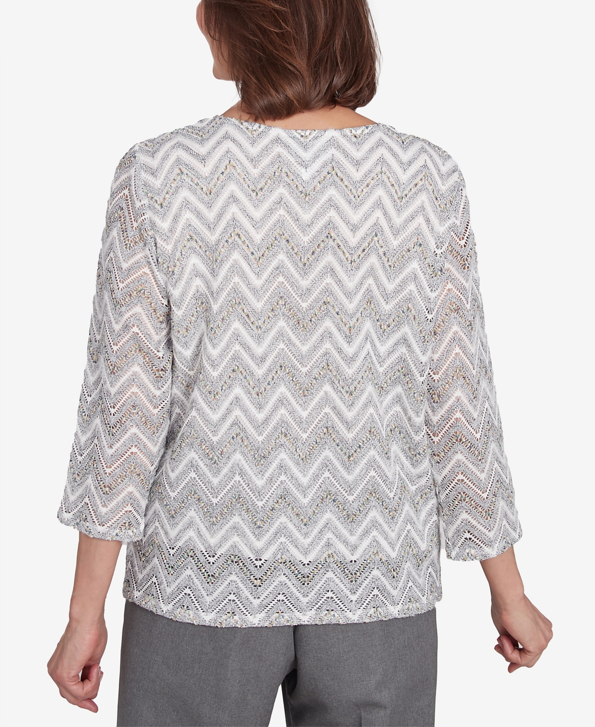 Alfred Dunner Petite Copenhagen Spliced Crew Neck Wavy Stripe Top In Grey Multi
