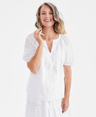 Style & Co - Women's Cotton Split-Neck Short-Sleeeve Eyelet Top