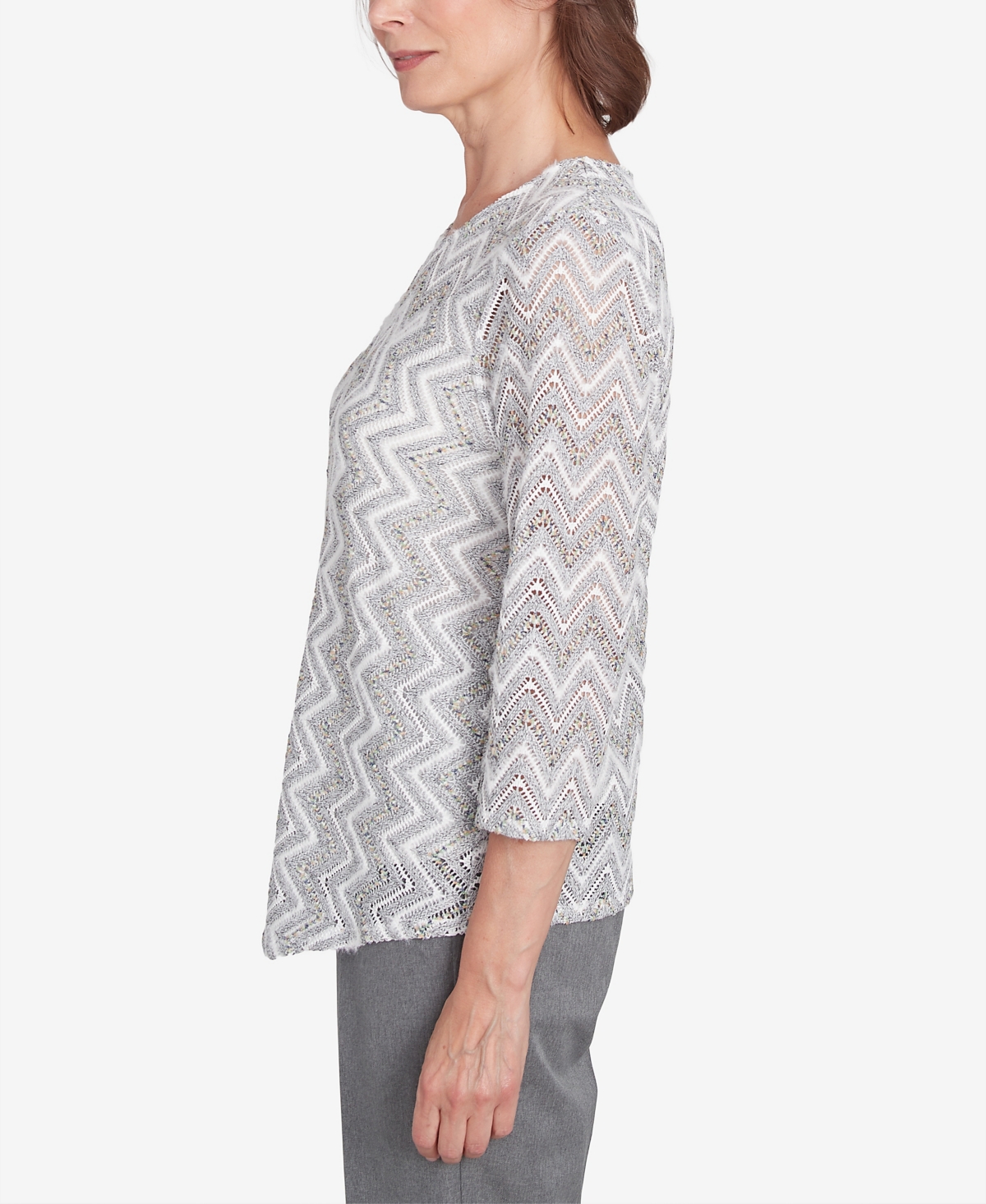 Alfred Dunner Petite Copenhagen Spliced Crew Neck Wavy Stripe Top In Grey Multi