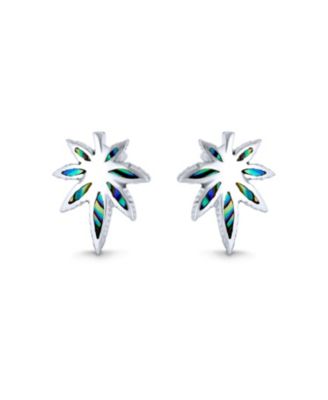 Rainbow Iridescent Inlay Abalone Shell Weed Marijuana Leaf Stud Earrings Western Jewelry .925 Sterling Silver Lever Back