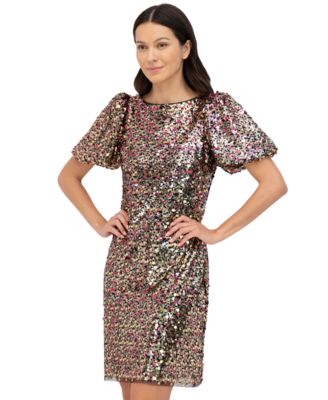 Women's Sequined Puff-Sleeve Shift Dress