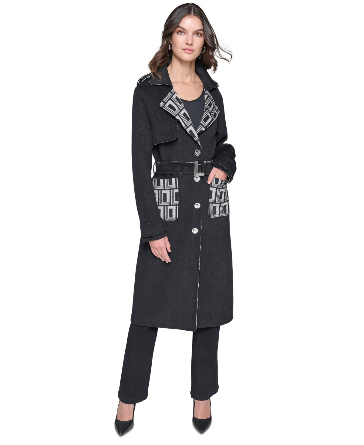 Karl Lagerfeld Paris Women's Monogram-Print Wool Coat - Black  Soft White
