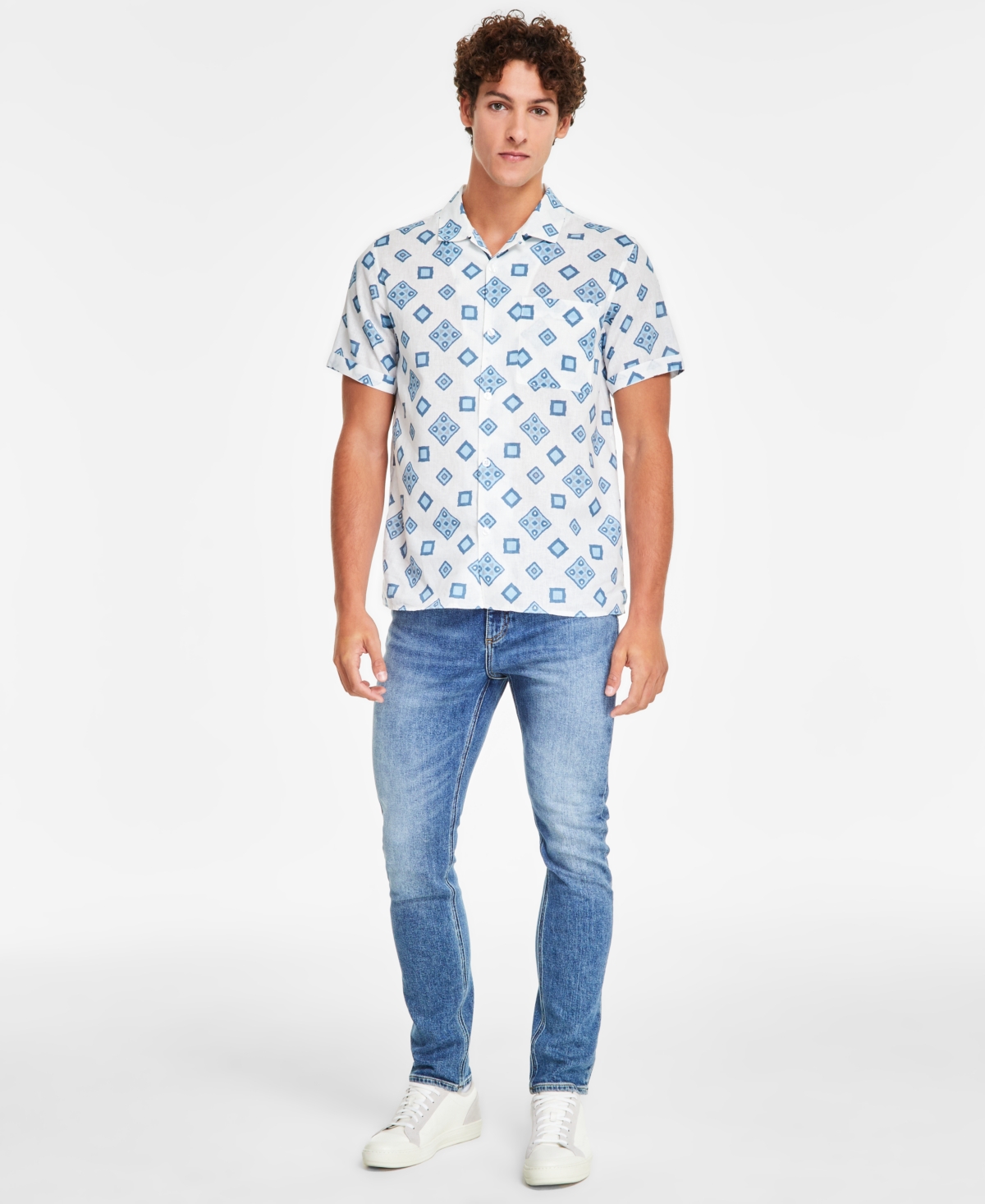 Shop Sun + Stone Men's Leblanc Regular-fit Geo-print Button-down Linen Blend Camp Shirt, Created For Macy's In Vintage White
