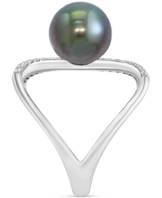 EFFY&reg; Cultured Tahitian Pearl (9mm) & Diamond (1/10 ct. t.w.) Openwork Statement Ring in 14k White Gold