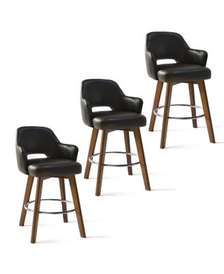 Set of 3 Swivel Faux Leather Counter Height Bar Stools with Back and Arms, 26'' Seat, Rubberwood Legs-Maison Boucle