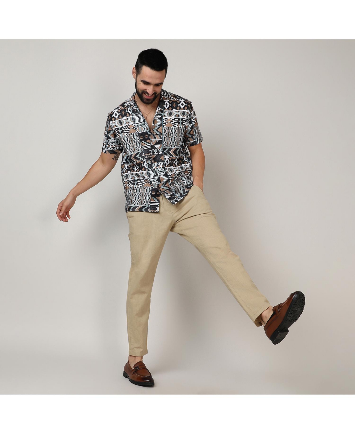 Campus Sutra Men's Mocha& Sage Green Bohemian Shirt - Brown