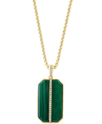 EFFY&reg; Men's Malachite & Diamond (1/6 ct. t.w.) Dog Tag 22" Pendant Necklace in Gold-Plated Sterling Silver
