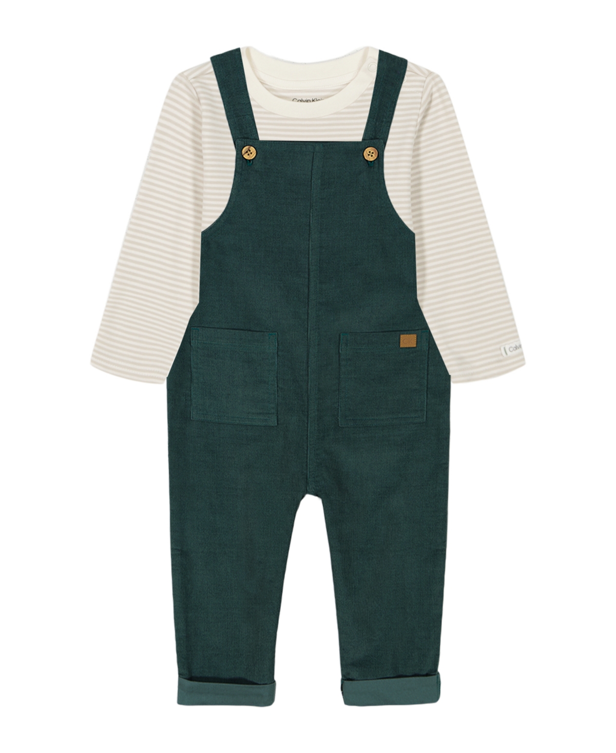 Calvin Klein Baby Boy Long Sleeve Combed Knit Tee Corduroy Overalls, 2-Piece Set -Stormy Teal/Peyote