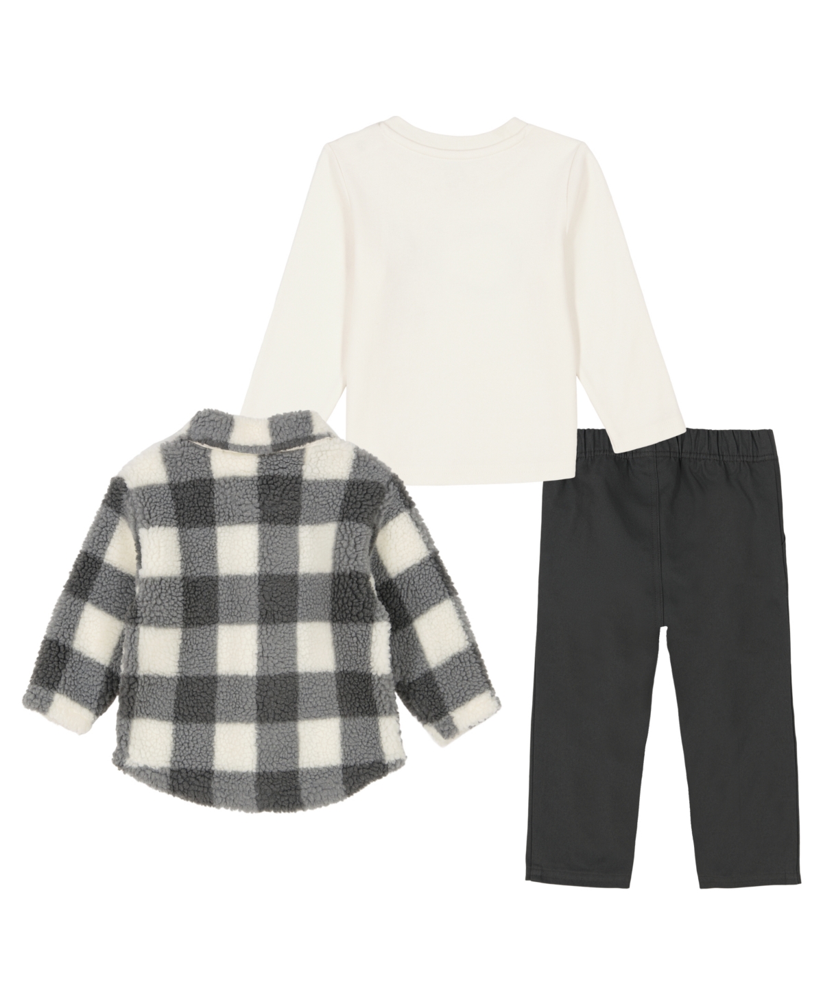 Calvin Klein Baby Boy Long Sleeve Logo Bodysuit, Twill Pants Check Berber Shirt Jacket, 3-Piece Set -Worf Grey/Antique White