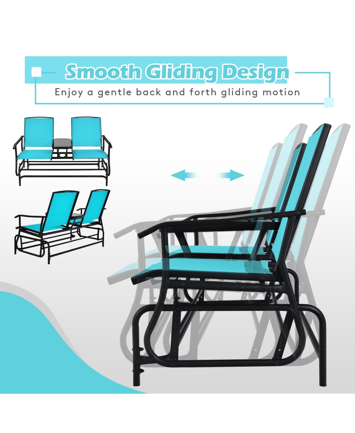 Sugift 2-Person Double Rocking Loveseat with Mesh Fabric and Center Tempered Glass Table