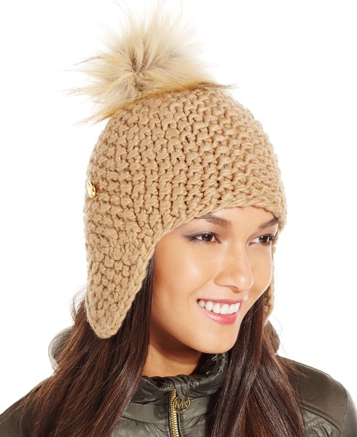 Michael Kors Seed Stitch Flap Hat with Faux Fur Pom & Reviews - Handbags &  Accessories - Macy's