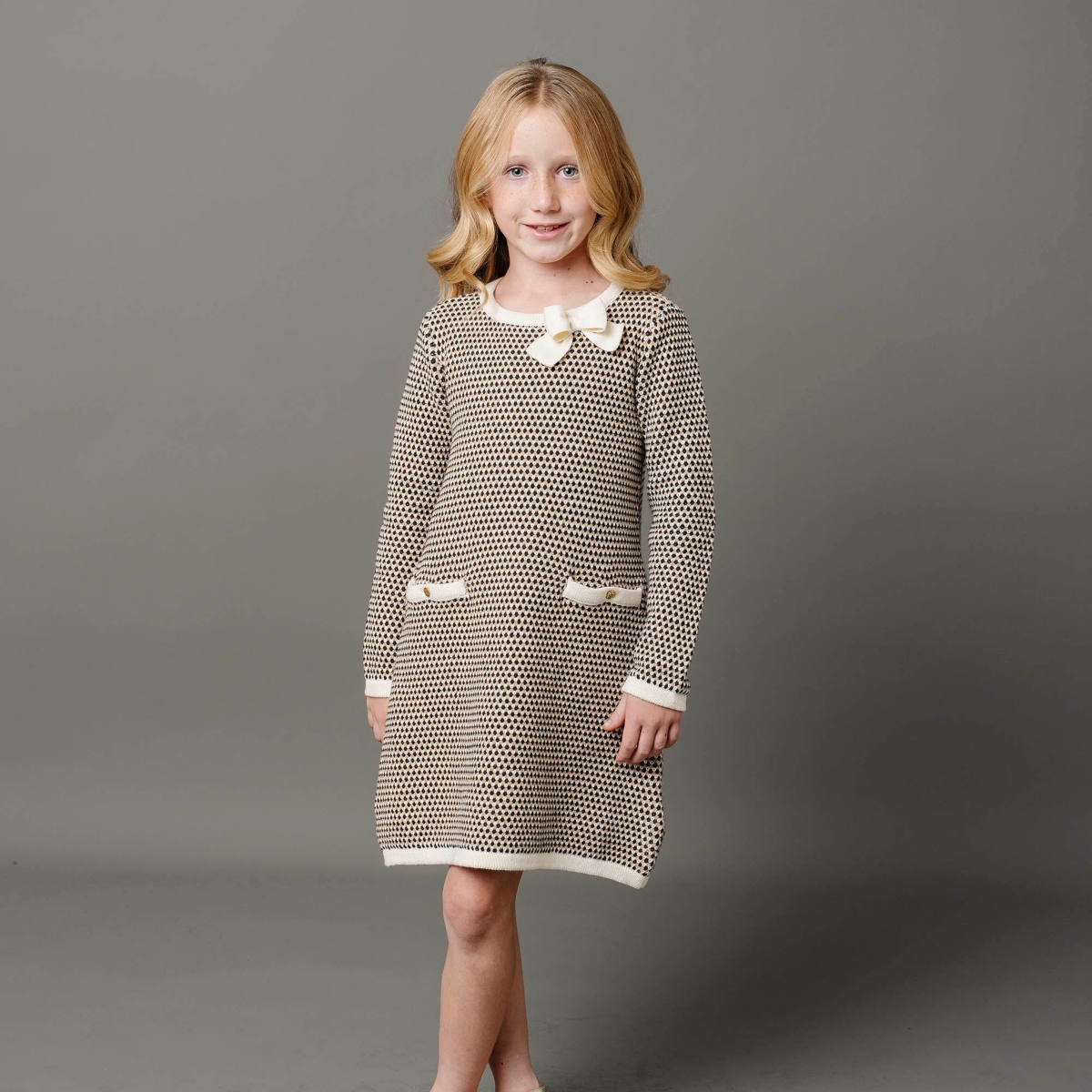 Hope & Henry Toddler Girls Organic Long Sleeve Bow Detail Tweed Sweater Dress - Black and cream tweed