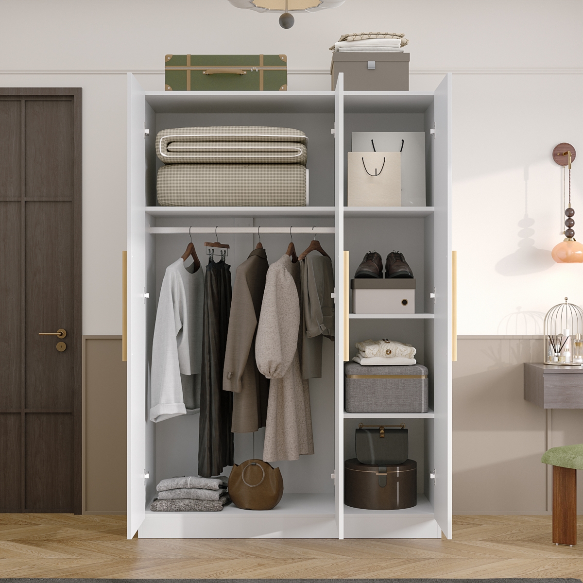 Famapy Grey Wood 3-Door Armoires Wardrobe with Hanging Rod and Storage Shelves