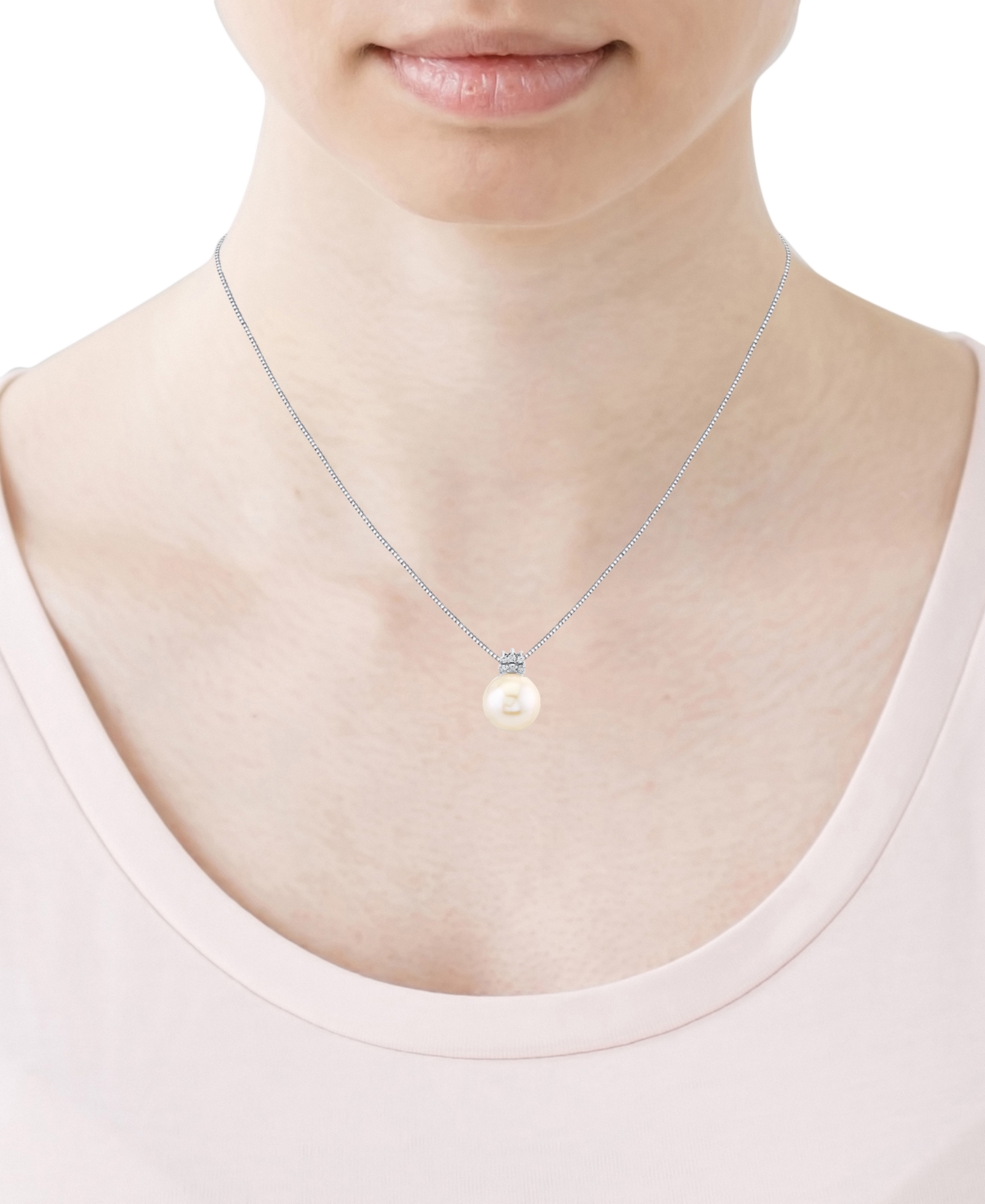 Shop Macy's Cultured Freshwater Pearl (12mm) & Diamond (1/8 Ct. T.w.) 18" Pendant Necklace In 14k White Gold