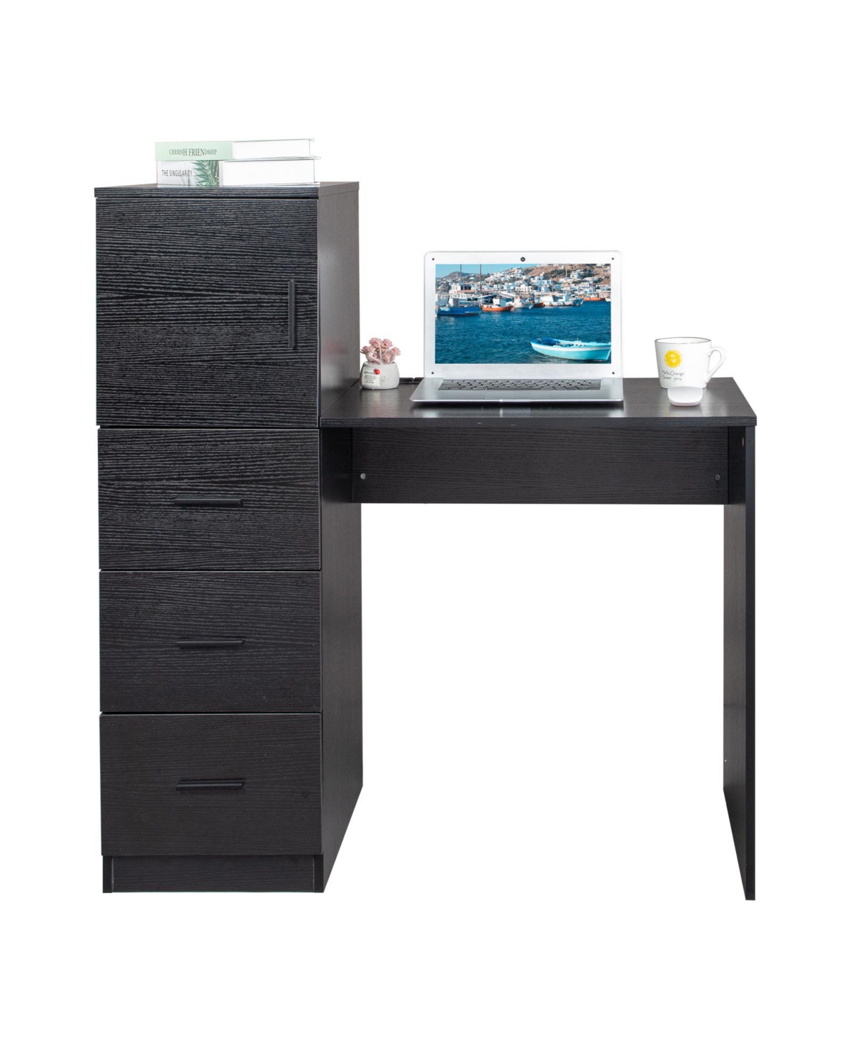 Slickblue Embossed Melamine H-Type Computer Desk with One Door, Three Drawers, 2 Usb Ports, and 2 Power Sockets