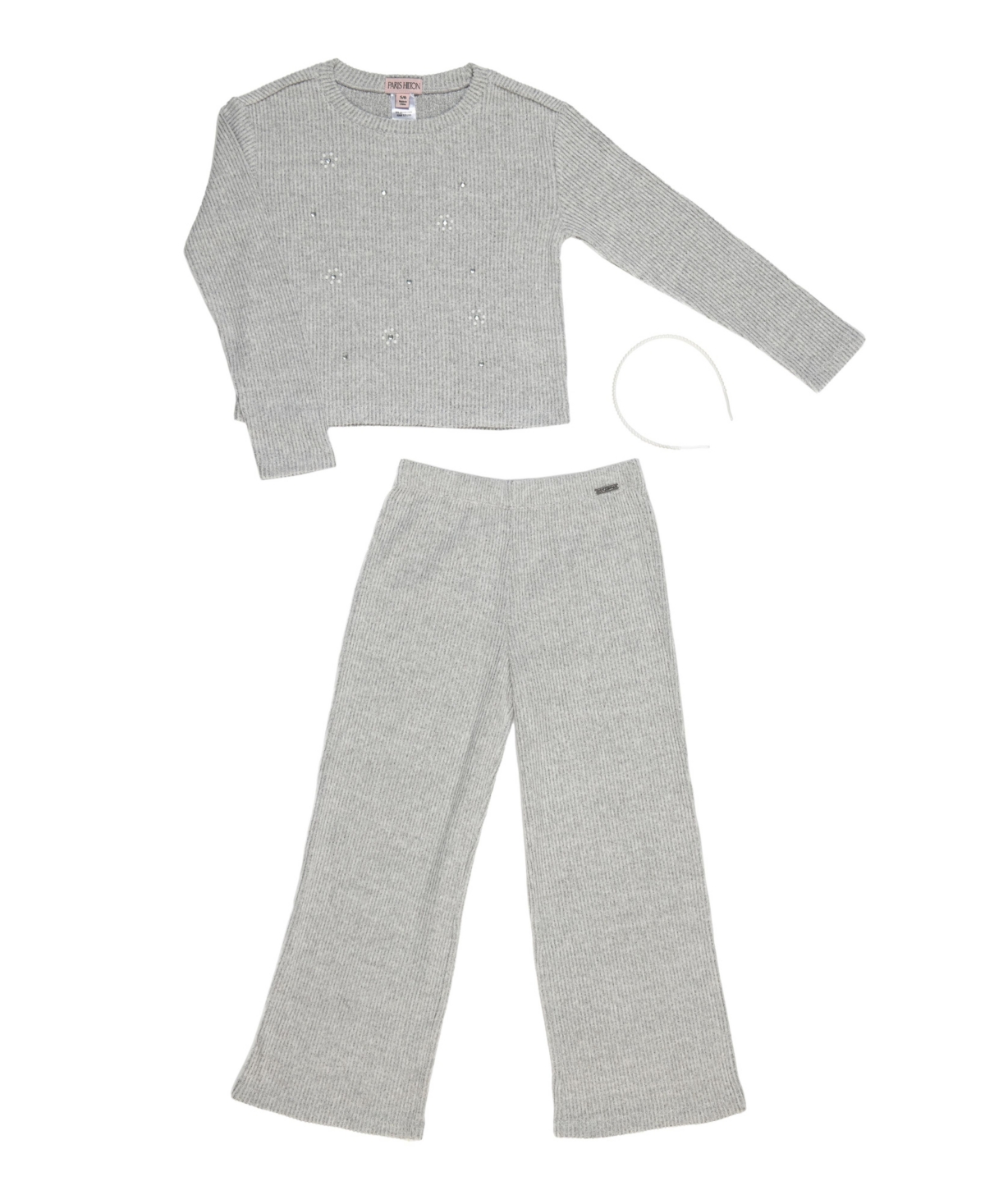 Paris Hilton Toddler Girls Embellished Daisy Ribbed Top and Wide Leg Pants 2 Piece Lounge Set and Headband