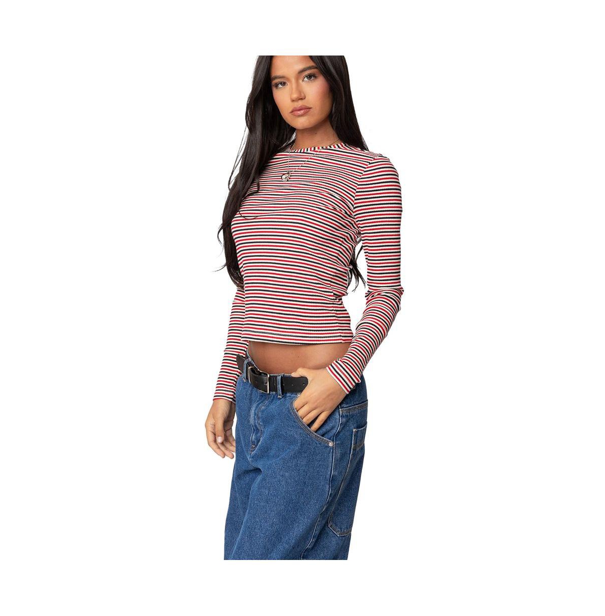 Edikted Women's Corina Ribbed Stripey Long Sleeve T Shirt