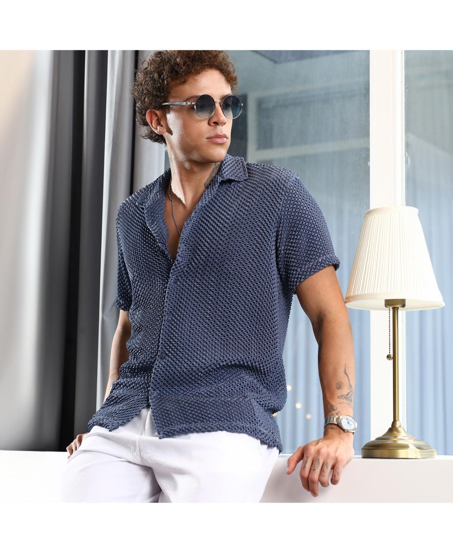 Мужская рубашка Cahoot Campus Sutra Lapis Blue Puffy-Textured, цвет: Синий — фото 3