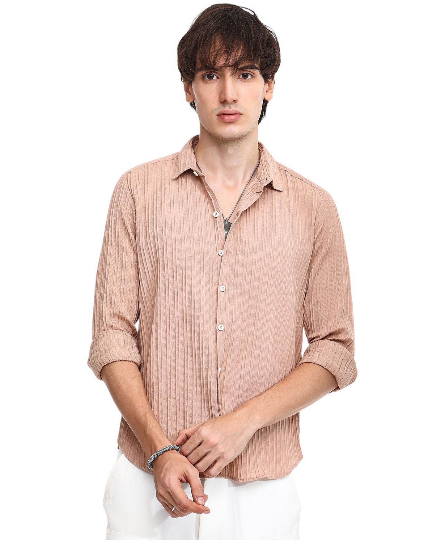 Мужская рубашка Cahoot Campus Sutra Light Beige Self-Design Striped, цвет: Бежевый / Хаки — фото 1