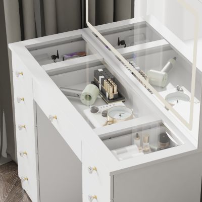 11-Drawer Vanity with 3 Color LED Mirror, Tempered Glass Countertop,Crystal Handle, Makeup Table,Chest