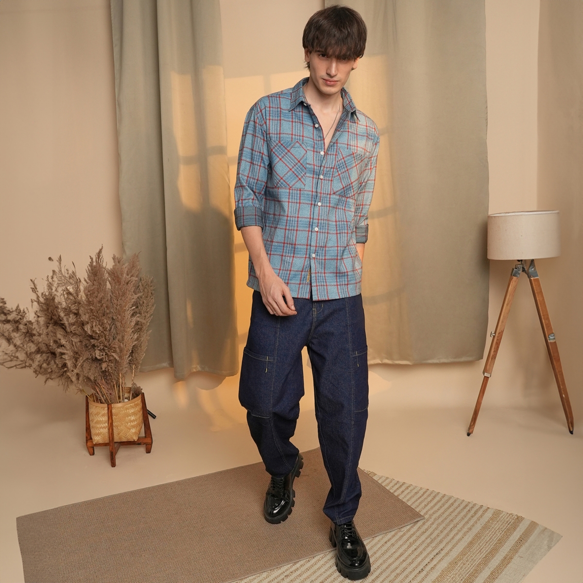 Campus Sutra Men's Cornflower Blue Tartan Plaid Shirt