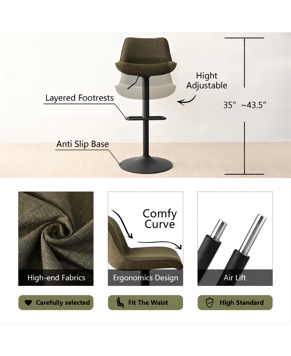 Maison Boucle Set of 2 Fabric Adjustable Bar Stools,360 Swivel Counter Stool with Layered Footrest-Maison Boucle -fabric