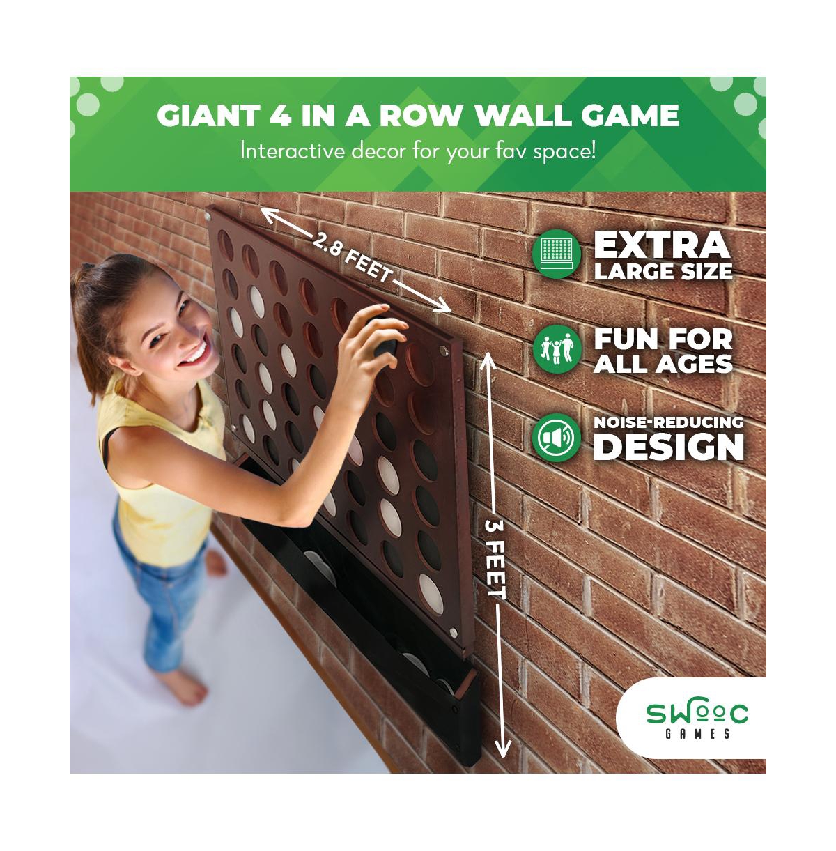 Swooc Wall Mounted Giant 4 In A Row - 60% Quieter - Jumbo Size - Modern Design - Wall Games - Game Room Games - Basement Decor