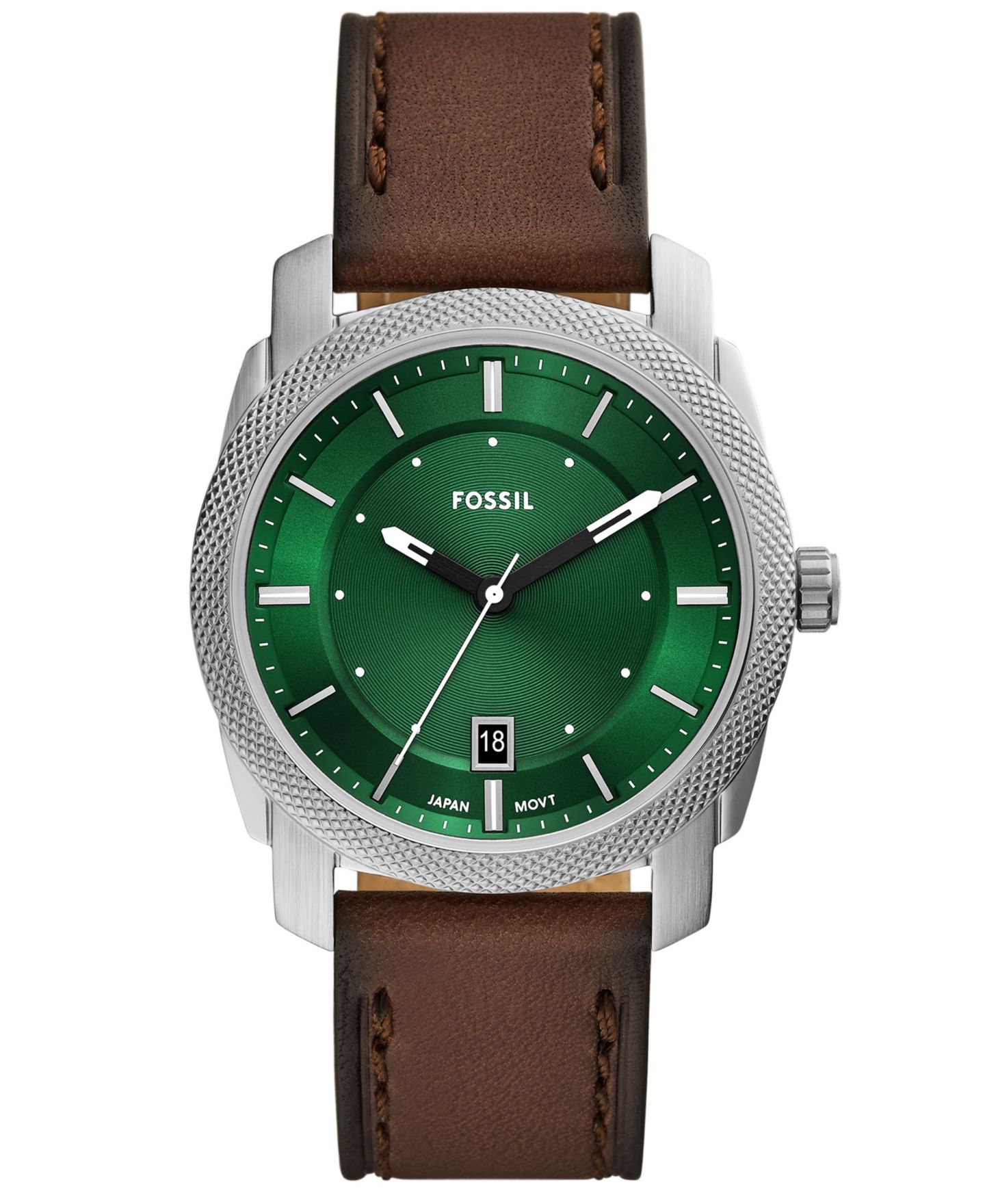Мужские часы Fossil Machine Three-Hand Green Dial Brown Leather, 42mm — фото 1