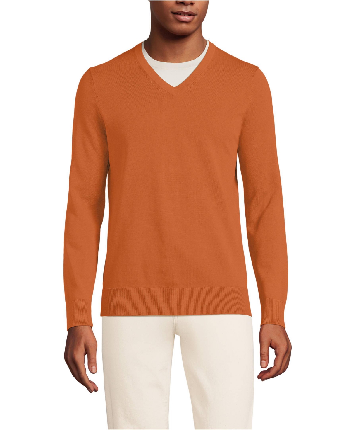 Lands' End Men's Fine Gauge Cotton V Neck Sweater - Fresh cinnamon