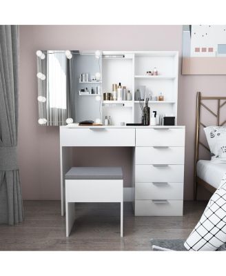 White Dressing Table Set with 6 Pumps, 2 Shelves, Mirror Cabinet & 3-Tone Light Bulbs