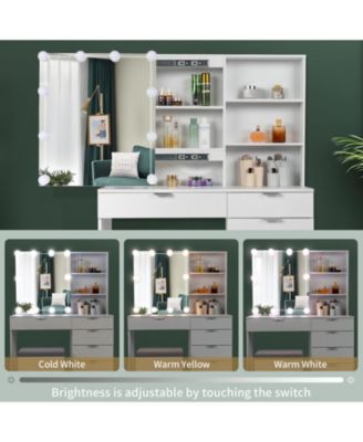 White Dressing Table Set with 6 Pumps, 2 Shelves, Mirror Cabinet & 3-Tone Light Bulbs