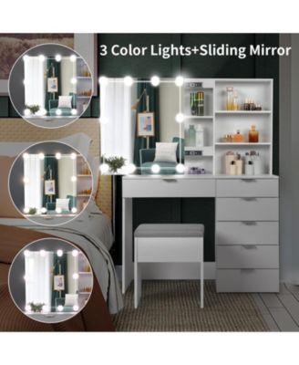 White Dressing Table Set with 6 Pumps, 2 Shelves, Mirror Cabinet & 3-Tone Light Bulbs