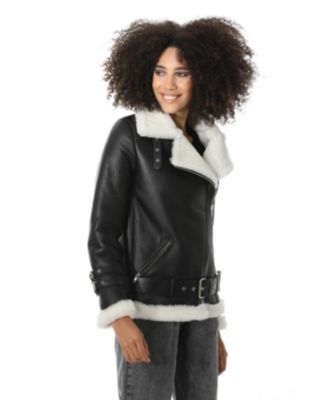 Women's Shearling Belted Biker Jacket, Silky Black with White Wool