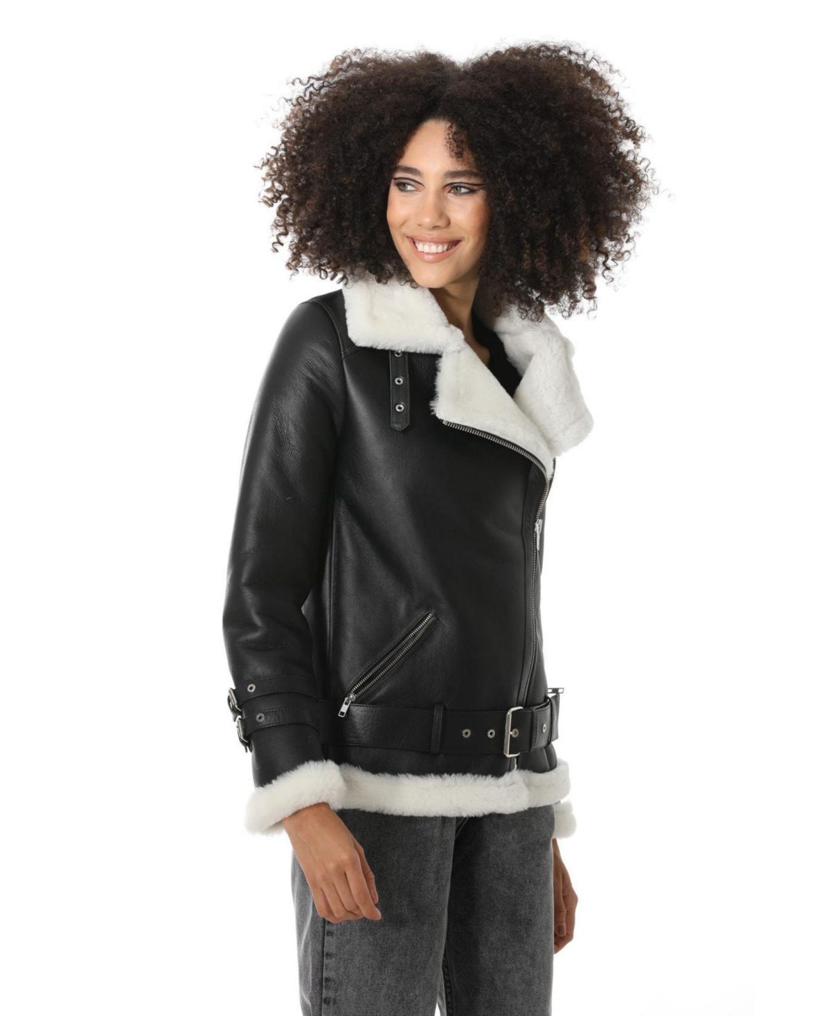 Furniq Uk Women's Shearling Belted Biker Jacket, Silkywith White Wool - Black