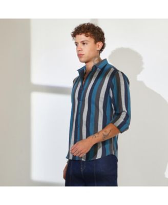 Men's Navy Blue & Ash Grey Block-Striped Shirt