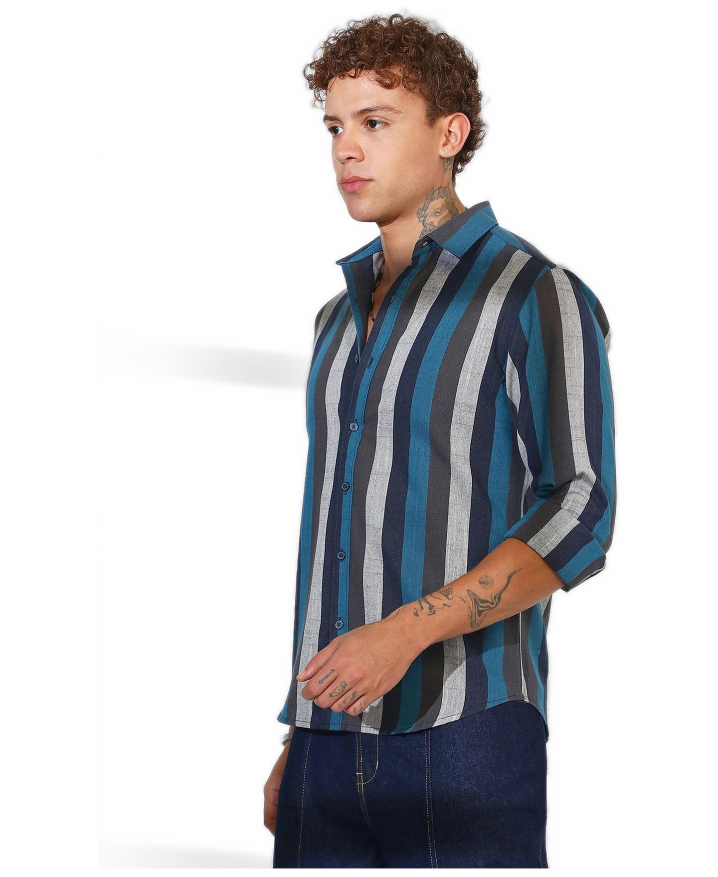 Мужская рубашка Cahoot Campus Sutra Navy Blue & Ash Grey Block-Striped, цвет: Синий — фото 5