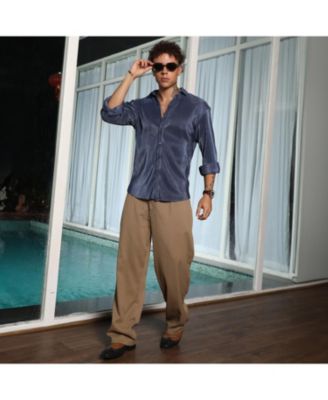 Men's Navy Blue Textured-Pleat Shirt