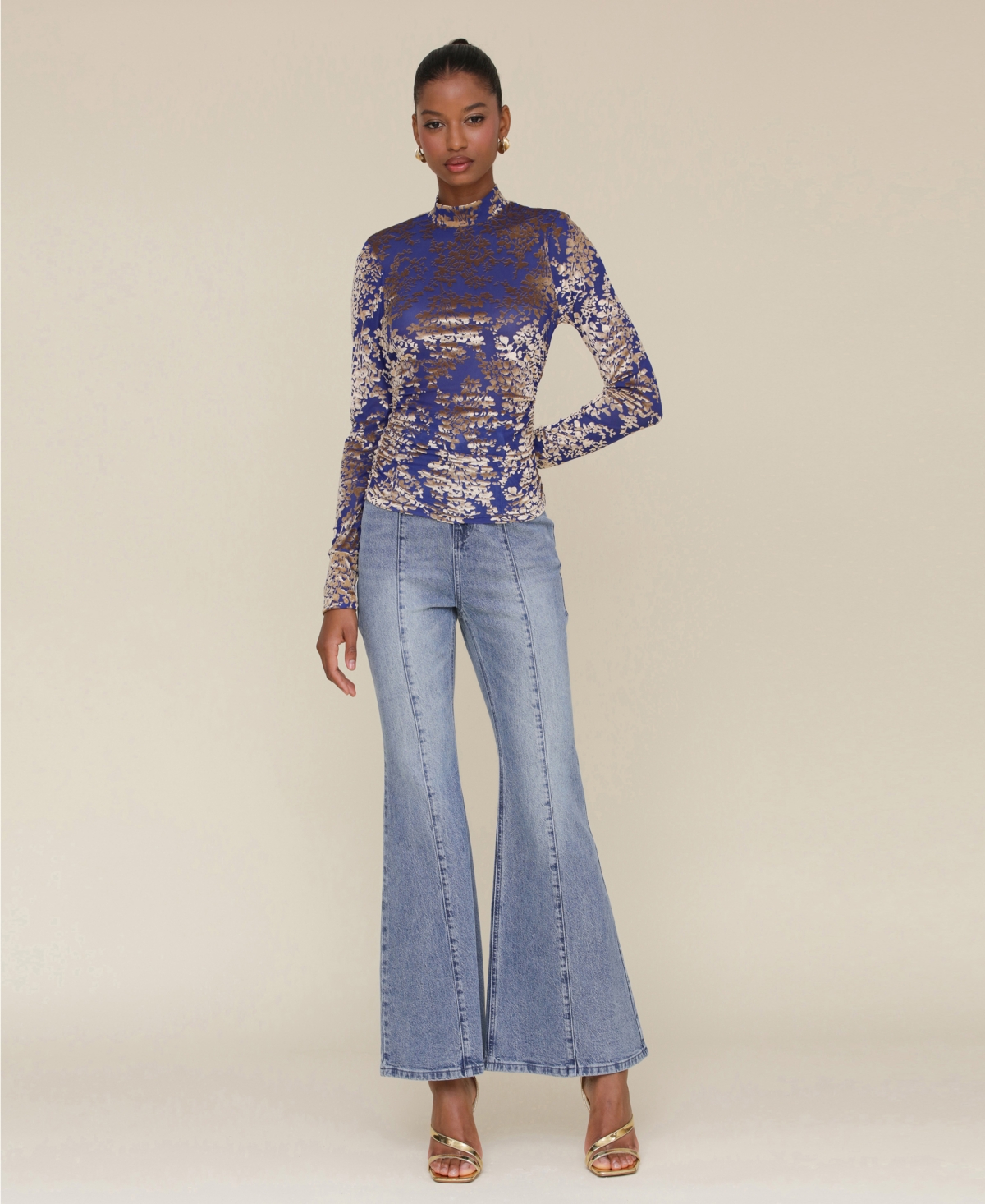 Avec Les Filles Women's Burnout Velvet Long-Sleeve Top -Gold