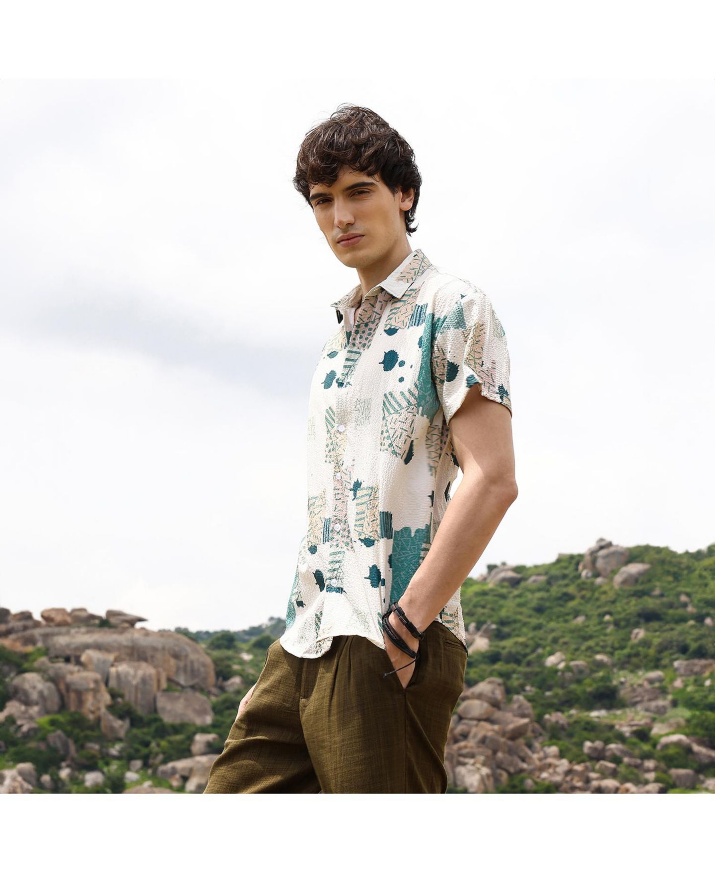 Мужская рубашка Cahoot Forest Green & Bone Beige Abstract Seersucker, цвет: Зелёный — фото 2