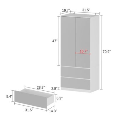 Wardrobe Closet with All Mirror, Armoire with 2 Doors, 2 Drawers & Hanging Rod, For Bedroom
